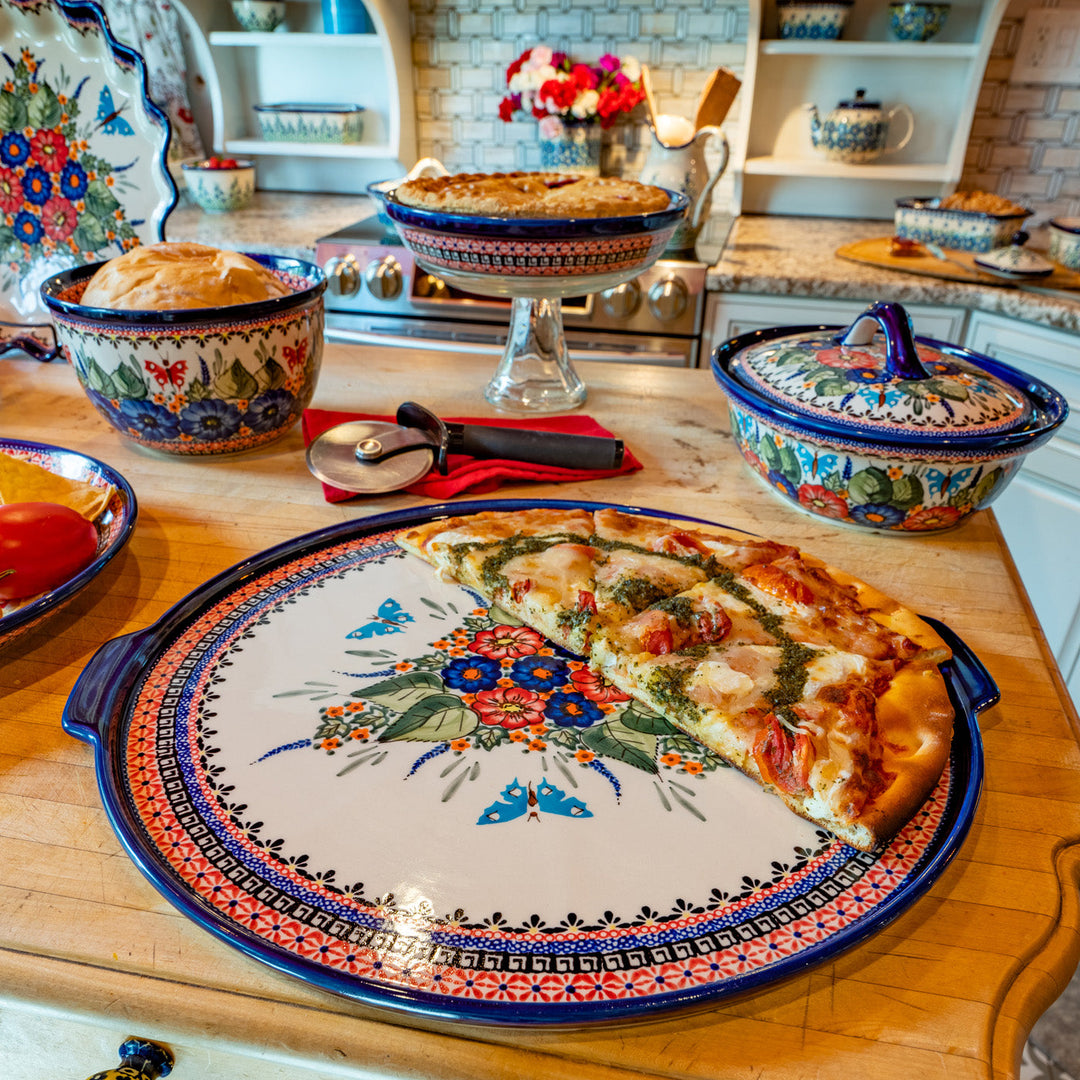 BUTTERFLY MERRY MAKING EX LG Round Stoneware Platter-Pizza Stone